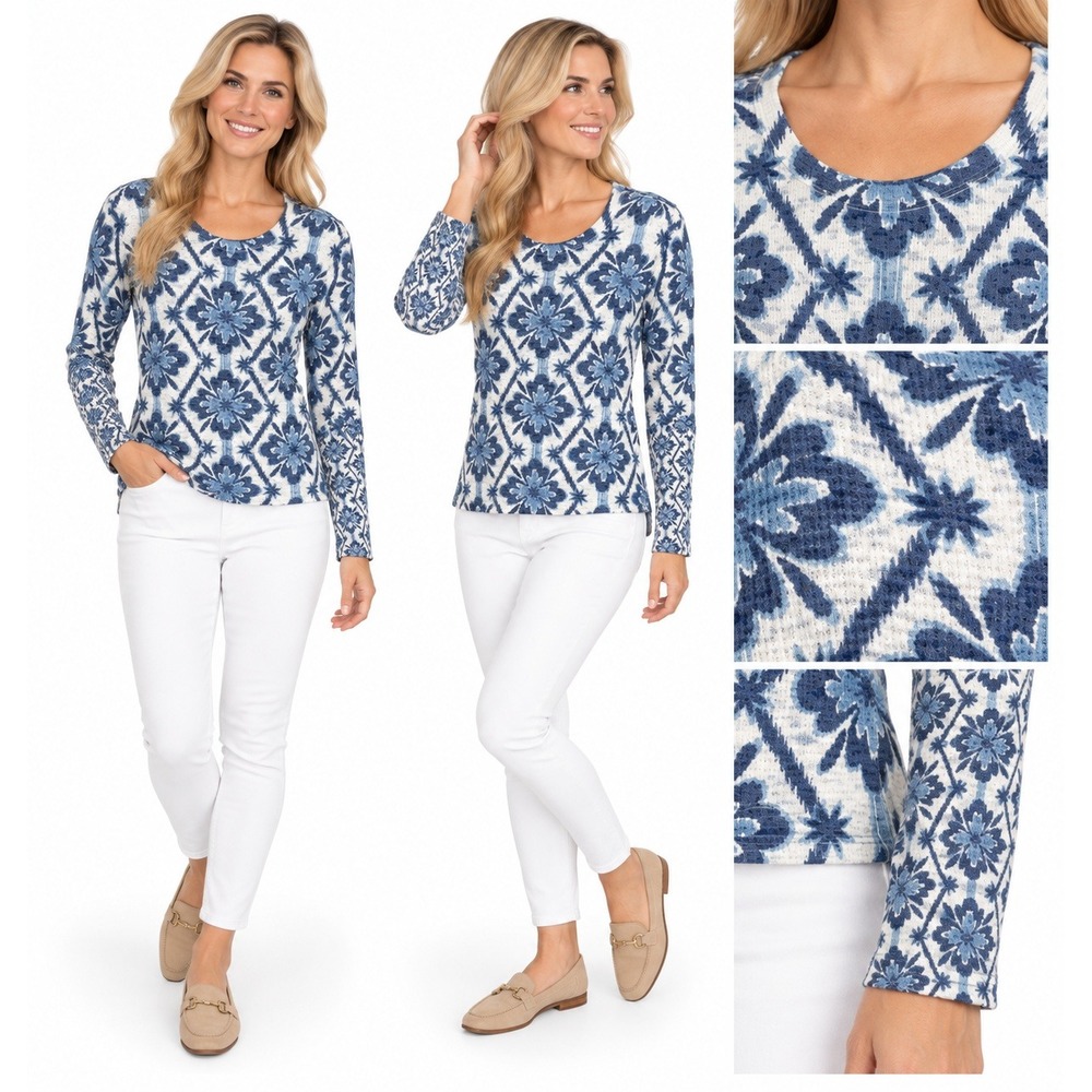 Before + Again Top S Blue Floral Medallion Waffle Thermal Knit Boho Coastal